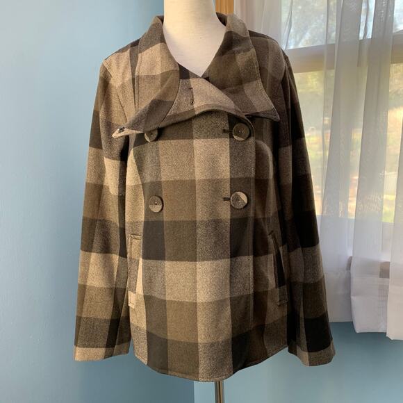 NWT Liz Claiborne Brown Combo Plaid Peacoat Size Medium - Picture 1 of 6